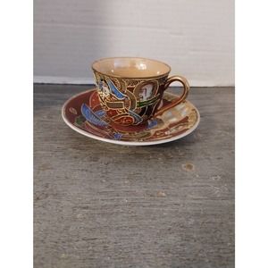 Teacup and Saucer Normally Hand Painted Porcelain Satsuma Moriage Occupied Japan